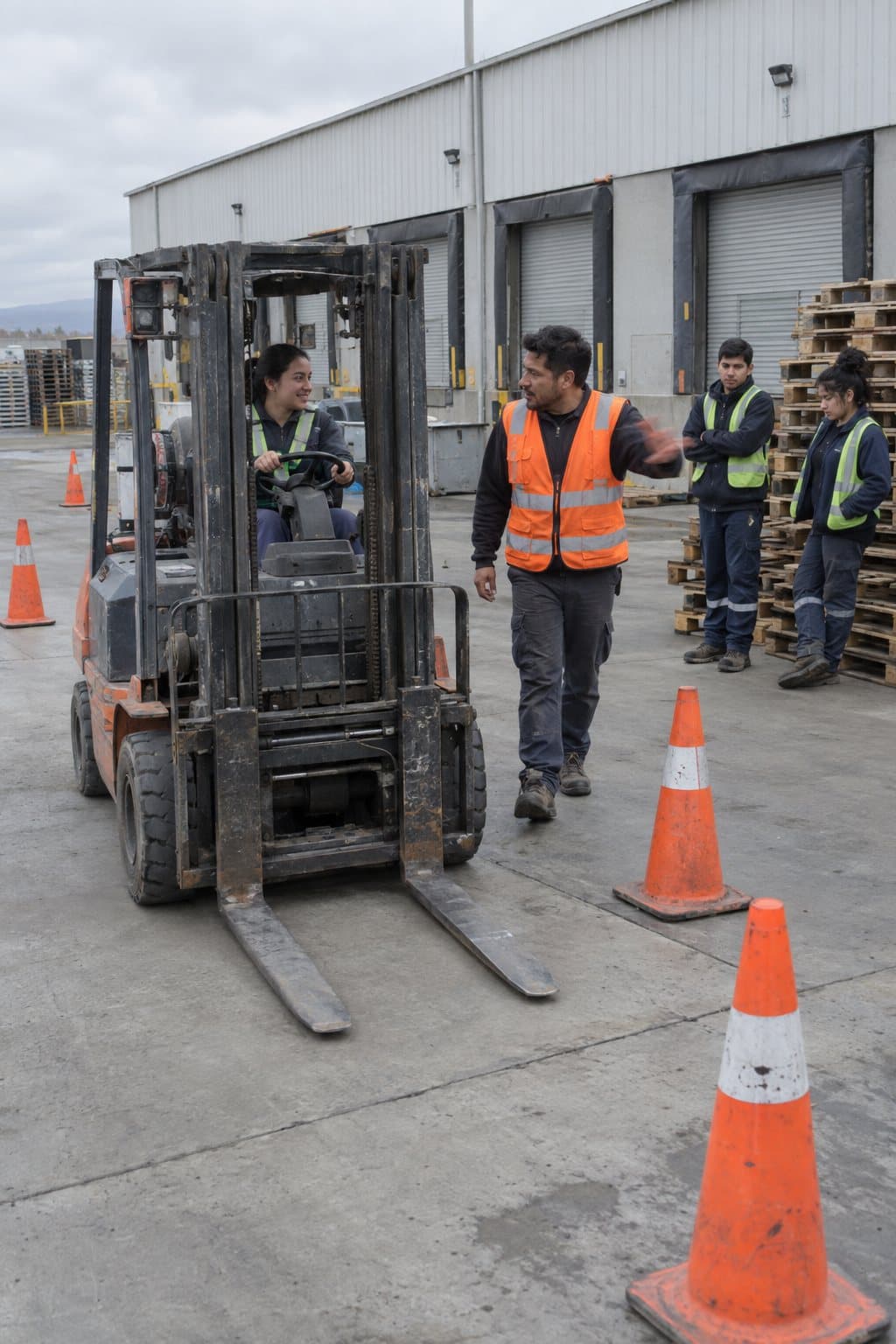 Curso de grúa horquilla con conos