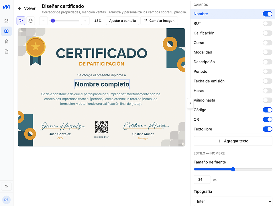Editor de diseño de certificados